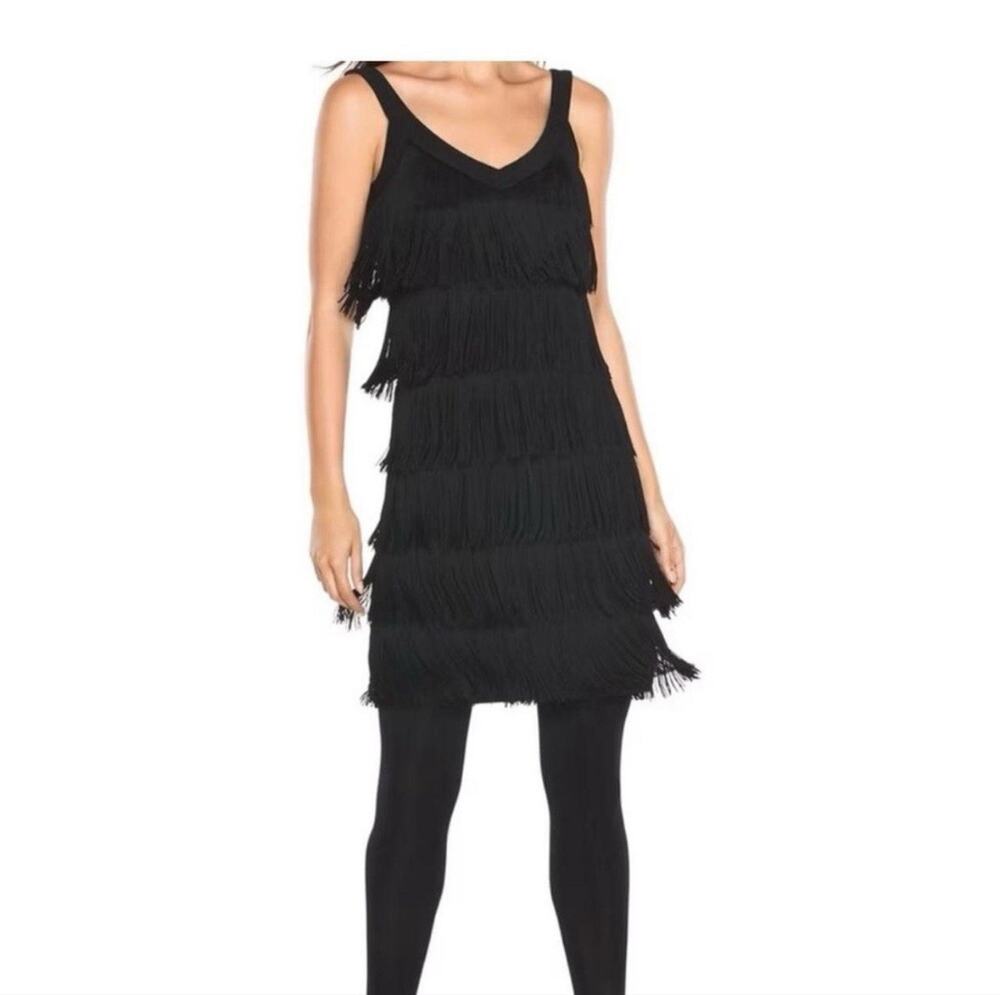 White House Black Market Black Fringe Dress Flapper V-Neck Women’s XS XSmall